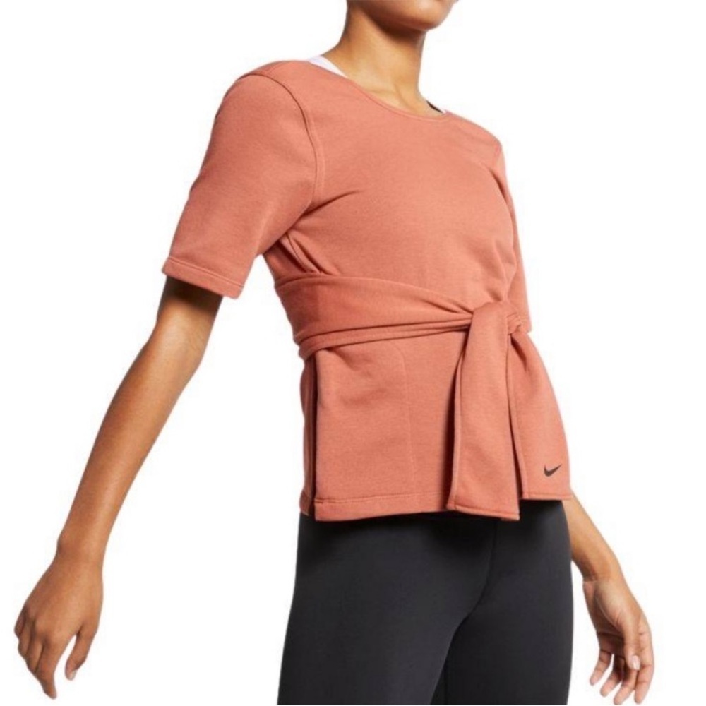 Nike Women's Dri-FIT Studio Short Sleeve Yoga Top, Dusty Peach Size XS, Wrap Tie - Picture 3 of 16
